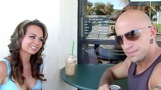 Bald dude nails her doggystyle then nuts all over her big tits