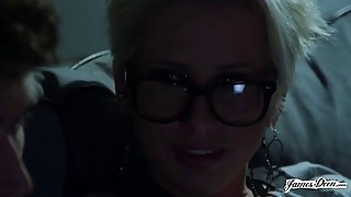 Short-haired blonde MILF sucks her stepsons stiff cock