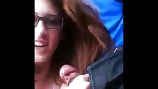 Slutty girl with glasses gives head in the car