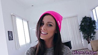 CFNM brunette teen in beanie gets POV mouthful cumshot