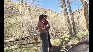 Dainty amateur brunette babe gets a facial cumshot after giving a blowjob in a hot forest sex action