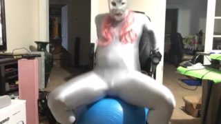 Spandex suit yoga ball humping & handcuff to chair 