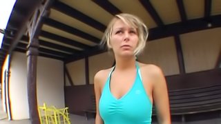 Seductive blonde with big boobs playing with a stranger's cock