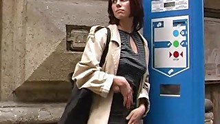 Immaculate solo model in nylon stockings masturbating in the street