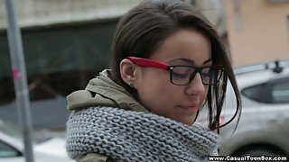 Nerdy brunette Ashly is fucked before taking cumshots on her glasses