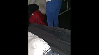 Russian step mom in ripped jeans fucked through the hole by step son