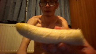 Skinny horny guy cums on a banana and eats it with the cum