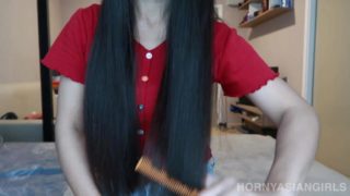 Asian Girl Brushes LONG BLACK HAIR and Gets Oily TIT MASSAGE
