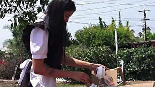 UPSKIRT FETISH! French Maid Fixes Lights -- in broad daylight!