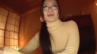 Busty Asian teen in glasses eagerly sucks a hard cock in POV blowjob