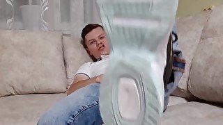 Cute Russian teen in white jerks off a big cock and fucks a sex toy