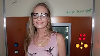 Skinny Blonde In Glasses Riding A Massive Dick Doggystyle