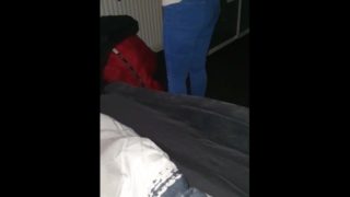 Step mom fucked through ripped jeans by step son in fron of dad