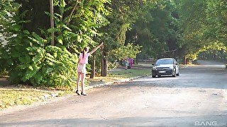 Teen in a miniskirt Vika Lita picked up and fucked in the forest