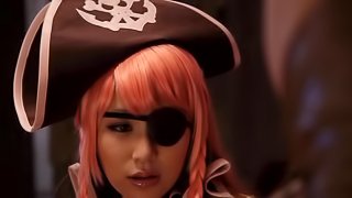 A Japanese babe in a pirate costume sucks a guy and gets a facial