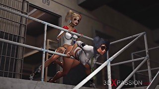 Harley Quinn fucks hard a female prison warden with a strapon