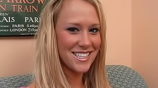 Blonde babe sucks and fucks on the casting couch.