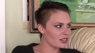 MILF with short hair gets faced fucked until he cums