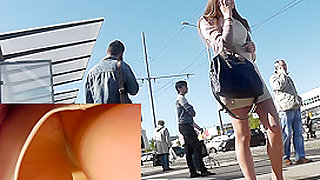 Upskirts in public shows brunette in pretty pantyhose