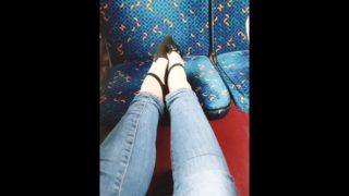 My little sister plays with her feet in the train. Public foot fetish