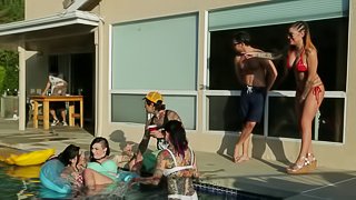 Pool party babe brings him inside to fuck his big dick