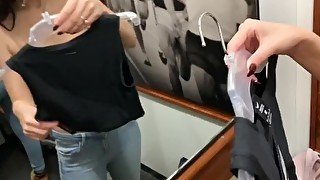 Risky public sex in the fitting room of a fitness store (cum in mouth)