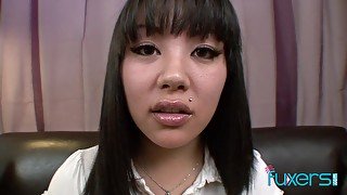 Facial on cute submissive Asian Tina Lee after a great blowjob