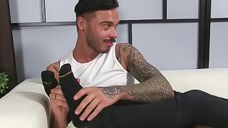 Hot tattoeod guys get to masturbate and smell dirty socks