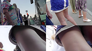 Slim blonde wears mini skirt in upskirting porn