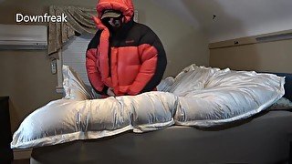 Marmot Parka and Shiny Silk Comforter Bed Humping with cumshot finish. Down Jacket Fetish fun.