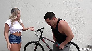 Two hotties punish a bike thief by making him fuck them