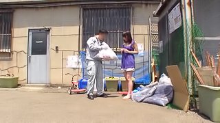 Lustful Asian Haruki Satou has sex with a janitor outdoors