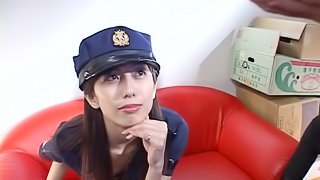 Sexy Asian police lady spreads her legs and rubs her wet pussy