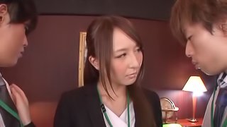 Japanese girl enjoying a hardcore MMF threesome in her office