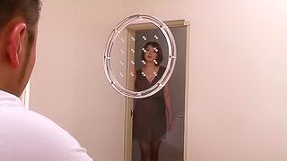 Delightful Asian pornstar in sexy nylon stockings gives a blowjob then gets pounded hardcore