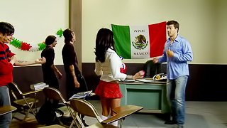 A Latina hottie teaches an English class and fucks her students to motivate them