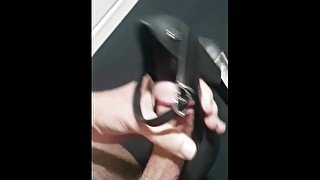 rubbing dick and cum on her high heel sole