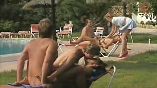 Unforgettable blowjob and orgy near the pool with hot chicks in bikini