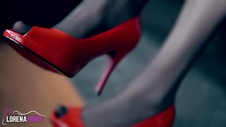Red High Heel Open Toe Shoes and Pantyhose Fun