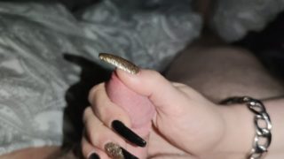Handjob with Long nails in black and gold *weak cumshot*
