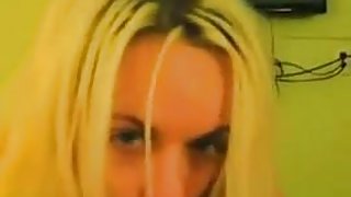 Blonde girl sucks cock and rubs the cum in her face