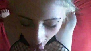 German whore in fishnet body suit blows me and gets glazed