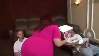 Fat woman gets fucked by two hard cocks.