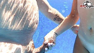 German skinny amateur milf fuck underwater in pool at mallorca POV