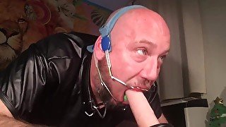 Suck Dildo & Deepthroat mouth full of mouthguard, headgear and spider gag