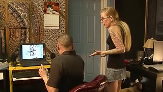 Check out that sexy tattooed pussy as he fucks the petite girl