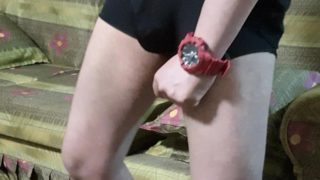 RED WATCH GUY BIG COCK INSIDE BLACK GLOSSY CALVIN KLEIN BOXERS SUGAR DADDY TRY-ON