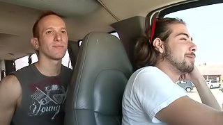 Tattooed homo fucks a redhead gay bitch's butt in a minivan