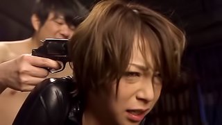 Naughty japanese in black leather gets brutally rammed.