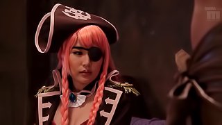 A Japanese babe dressed like a pirate giving a great blowjob